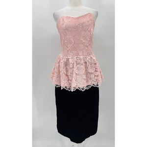 Vintage 80s Strapless Formal Dress Pink Lace Peplum Velvet Skirt Made in USA